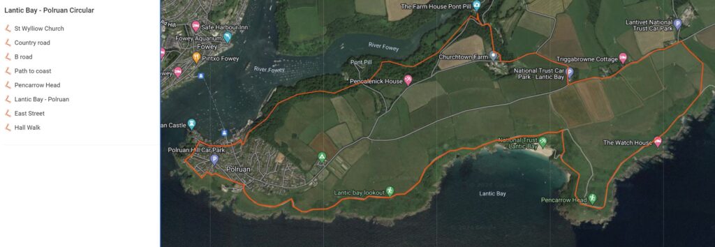 Walking route of Polruan circular via Lantic Bay